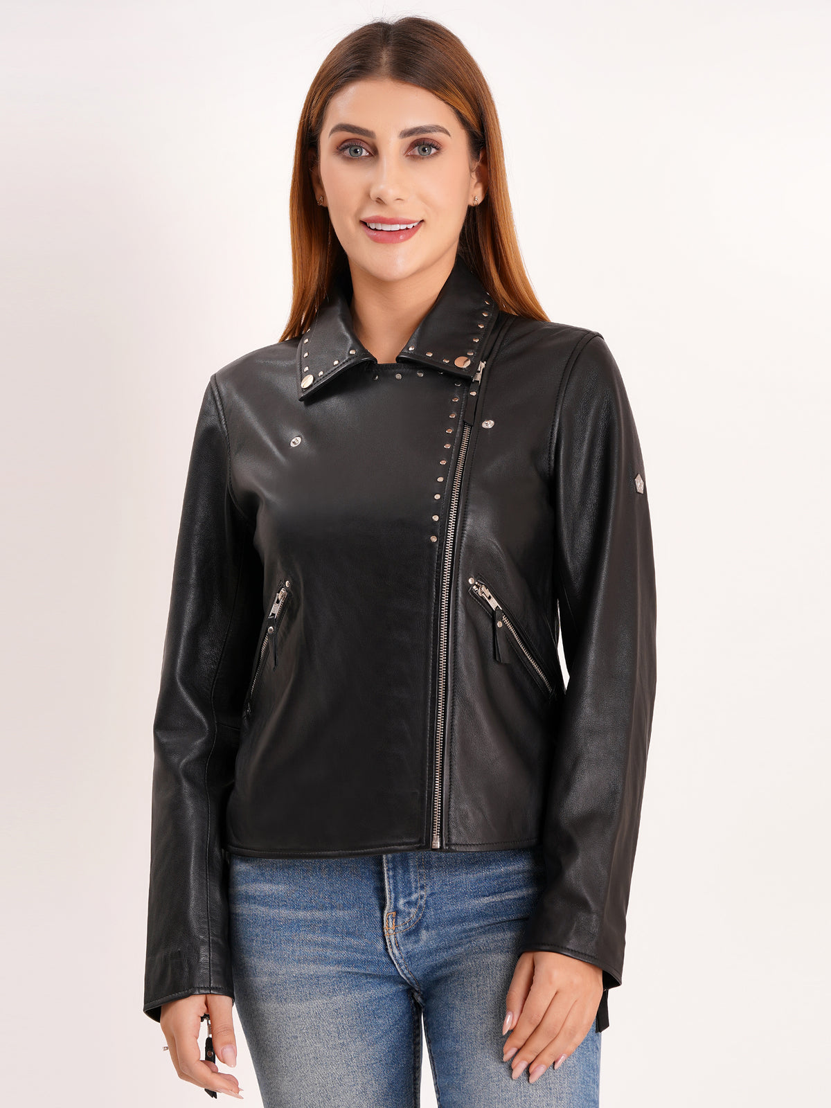 100% Real Lamp Leather Studs Collars Women Jacket | WX31