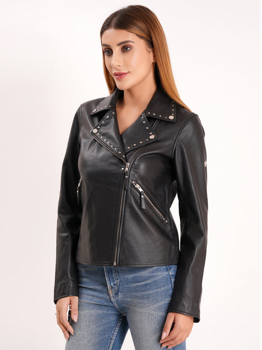 100% Real Lamp Leather Studs Collars Women Jacket | WX31