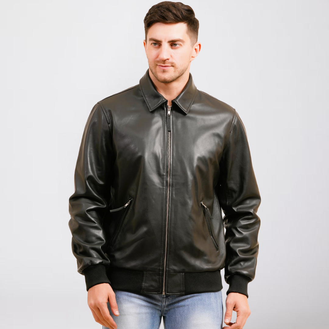 100% WASHED LEATHER COLLAR BOMBOR JACKET MX 55
