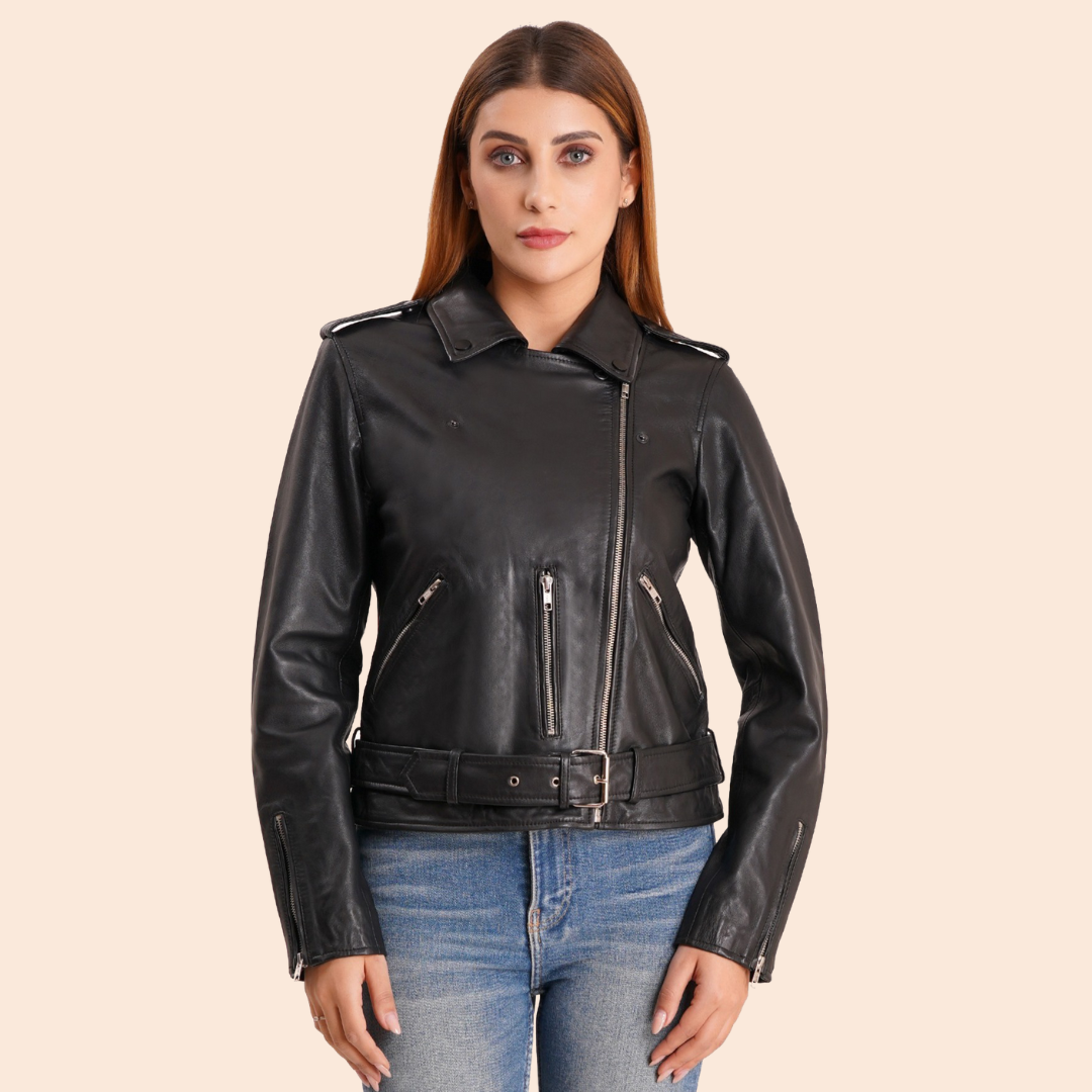 100% Leather Motorcycle Flap Pocket Jacket - Black | WX114