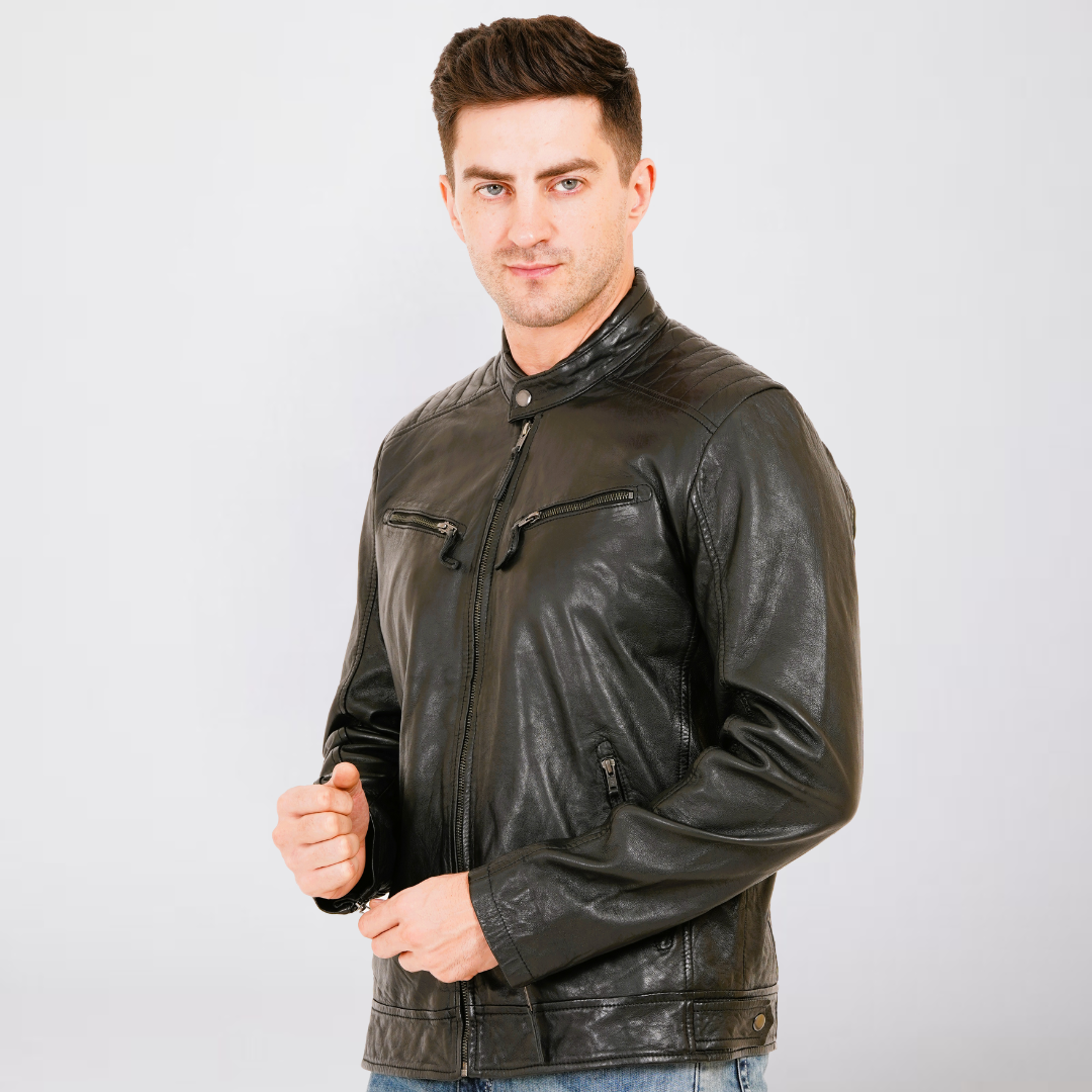 100% Heavy Washed Leather Snap Collar Jacket - Black | MX19 π₯ Hot Selling