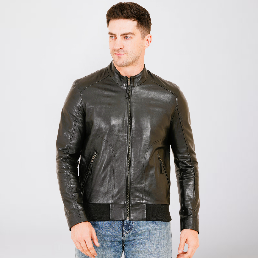 100% Leather Stand Bomber Jacket | MX53