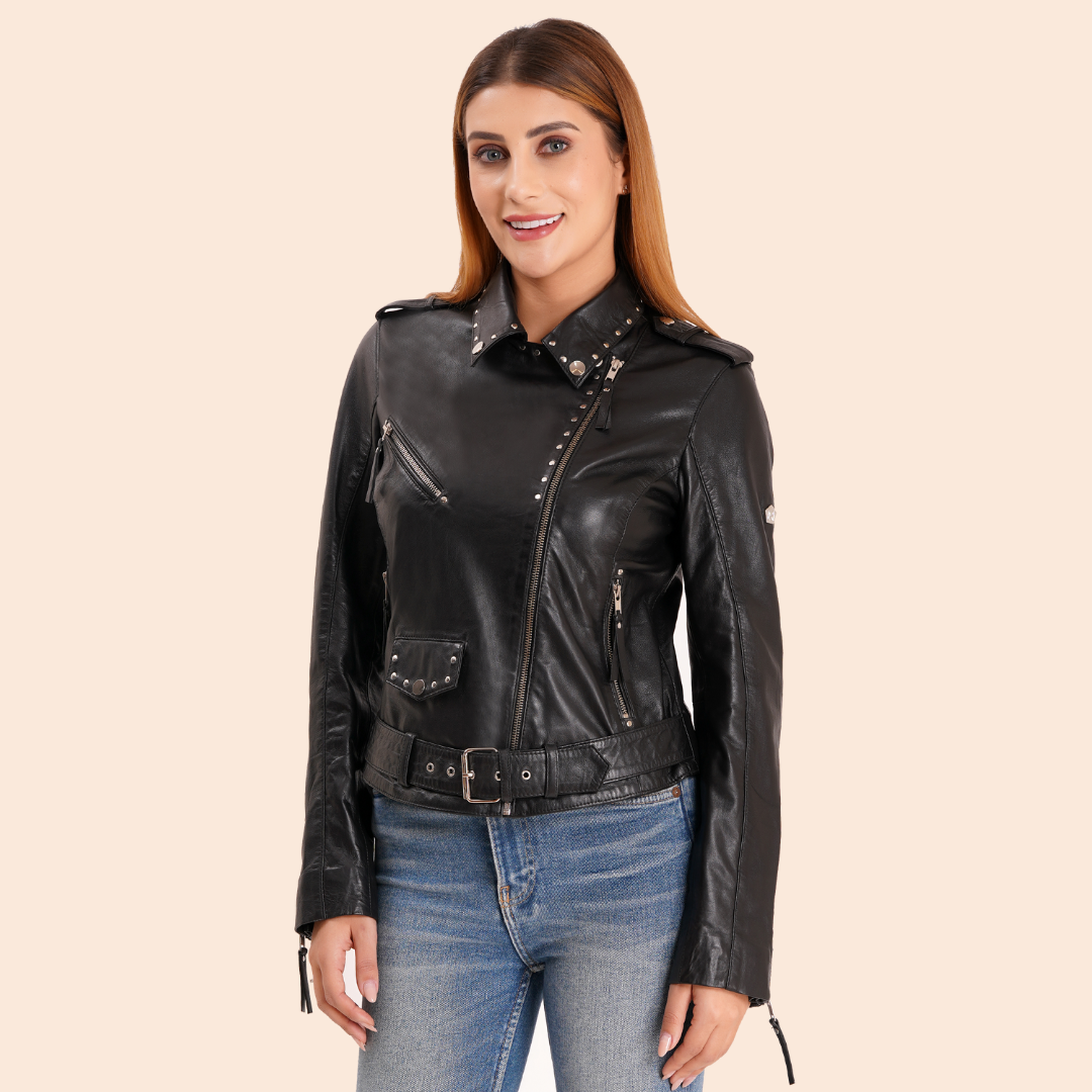 100% Leather Stud Biker Jacket | WX29