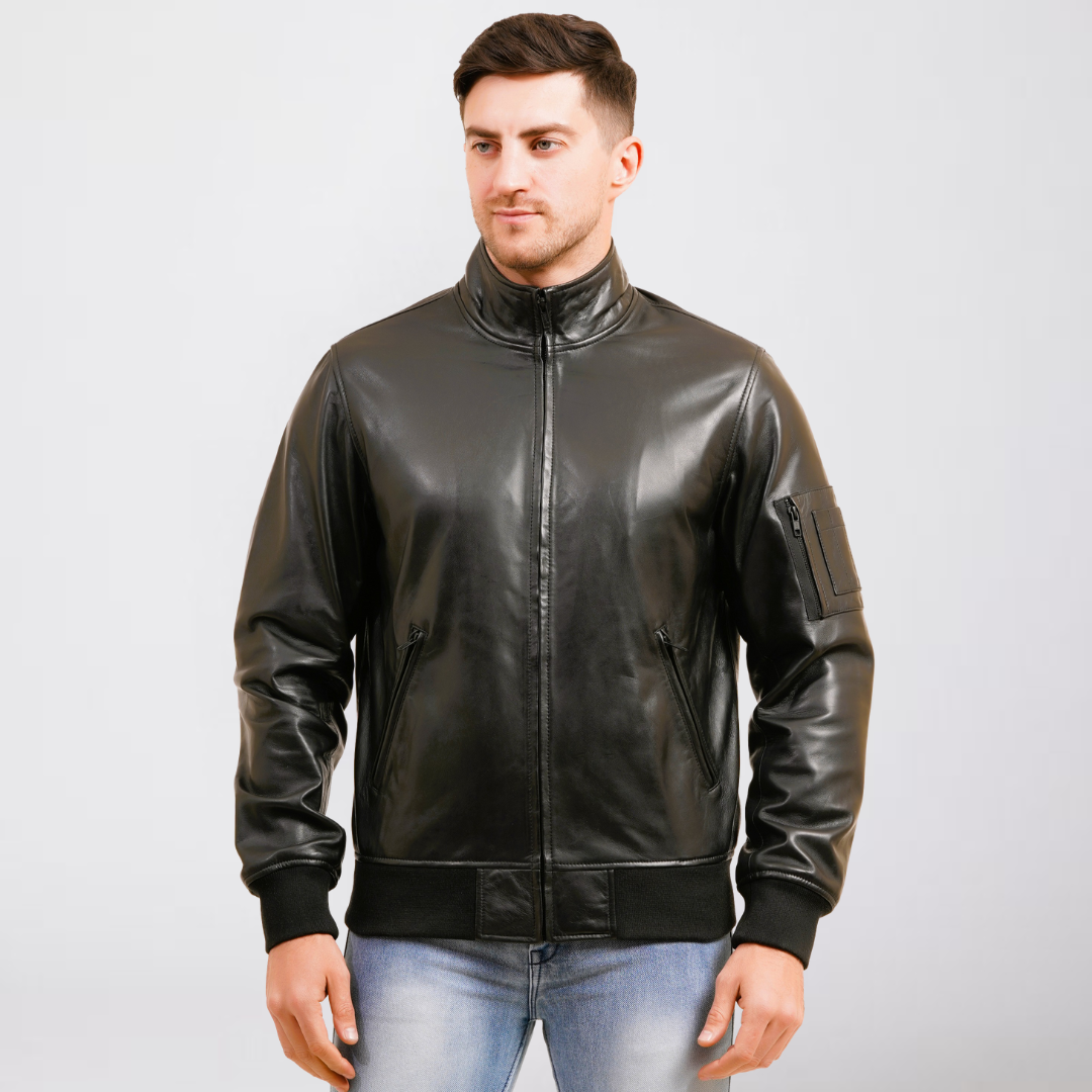 100% Washed Leather Zip Up Bomber Jacket - Black | MX80