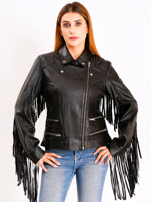 100% Leather Fringes Biker Jacket | WX32