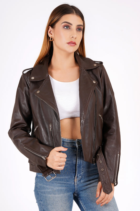 100%  Leather Motorcycle Flap Pocket Jacket - Brown | WX114