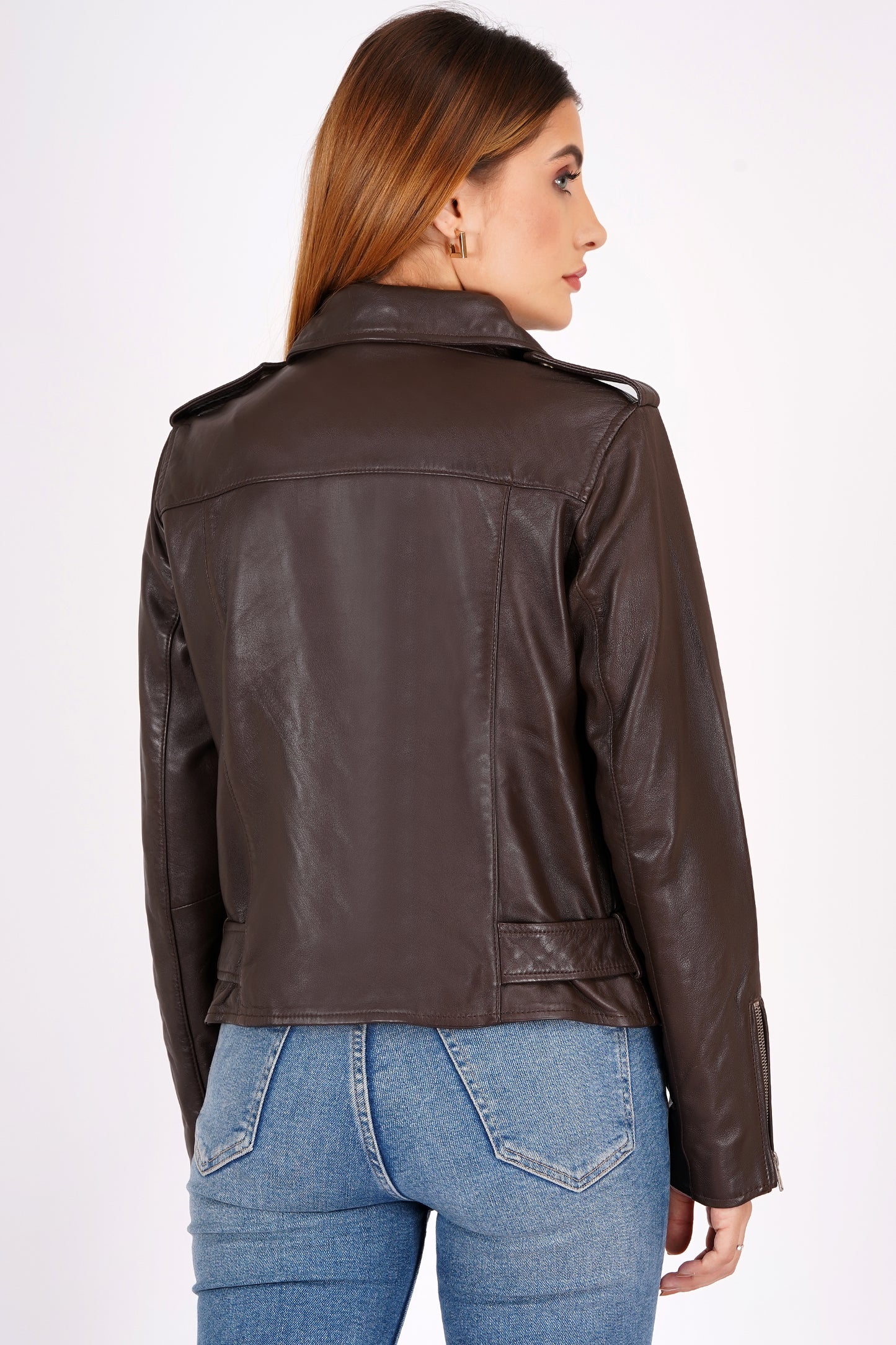100%  Leather Motorcycle Flap Pocket Jacket - Brown | WX114