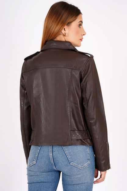 100%  Leather Motorcycle Flap Pocket Jacket - Brown | WX114