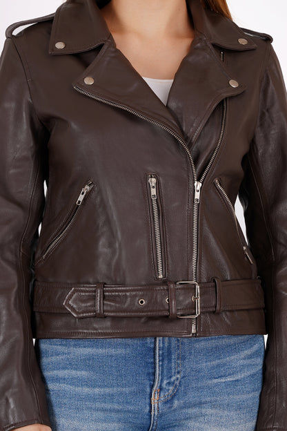 100%  Leather Motorcycle Flap Pocket Jacket - Brown | WX114