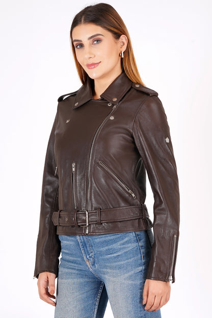 100%  Leather Motorcycle Flap Pocket Jacket - Brown | WX114