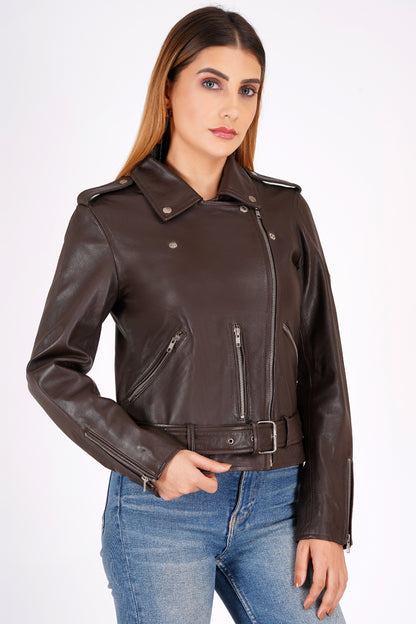 100%  Leather Motorcycle Flap Pocket Jacket - Brown | WX114