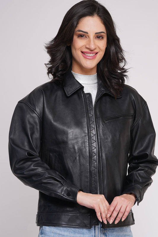 100% Leather Oversized Bombor Jacket - WX 101