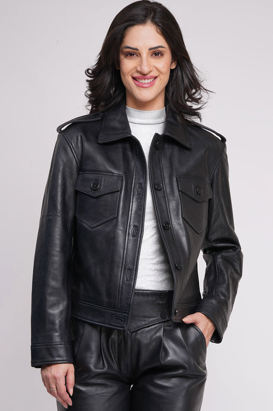 # TRUCKER WOMEN JACKET (WX 42)  :  100% NATURAL LAMB LEATHER