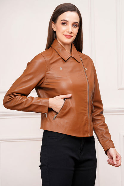 100% Washed Leather Biker Jacket: Cognac | WX71