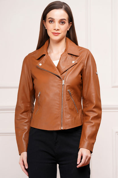 100% Washed Leather Biker Jacket: Cognac | WX71