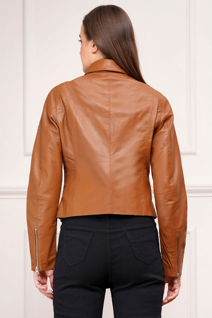 100% Washed Leather Biker Jacket: Cognac | WX71