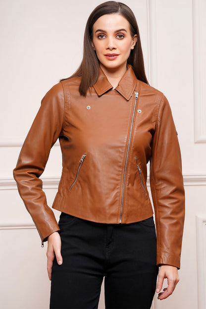 100% Washed Leather Biker Jacket: Cognac | WX71