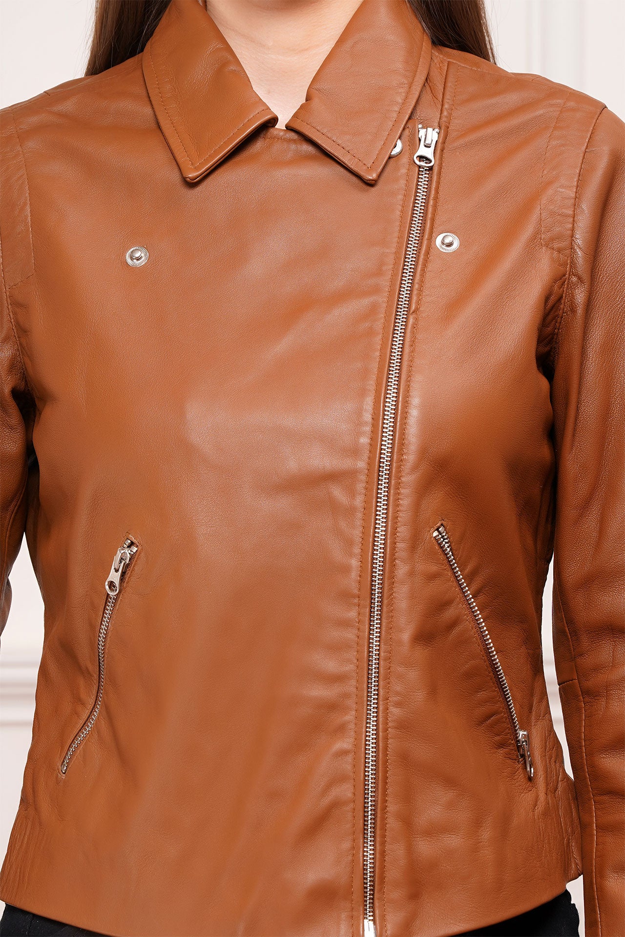 100% Washed Leather Biker Jacket: Cognac | WX71