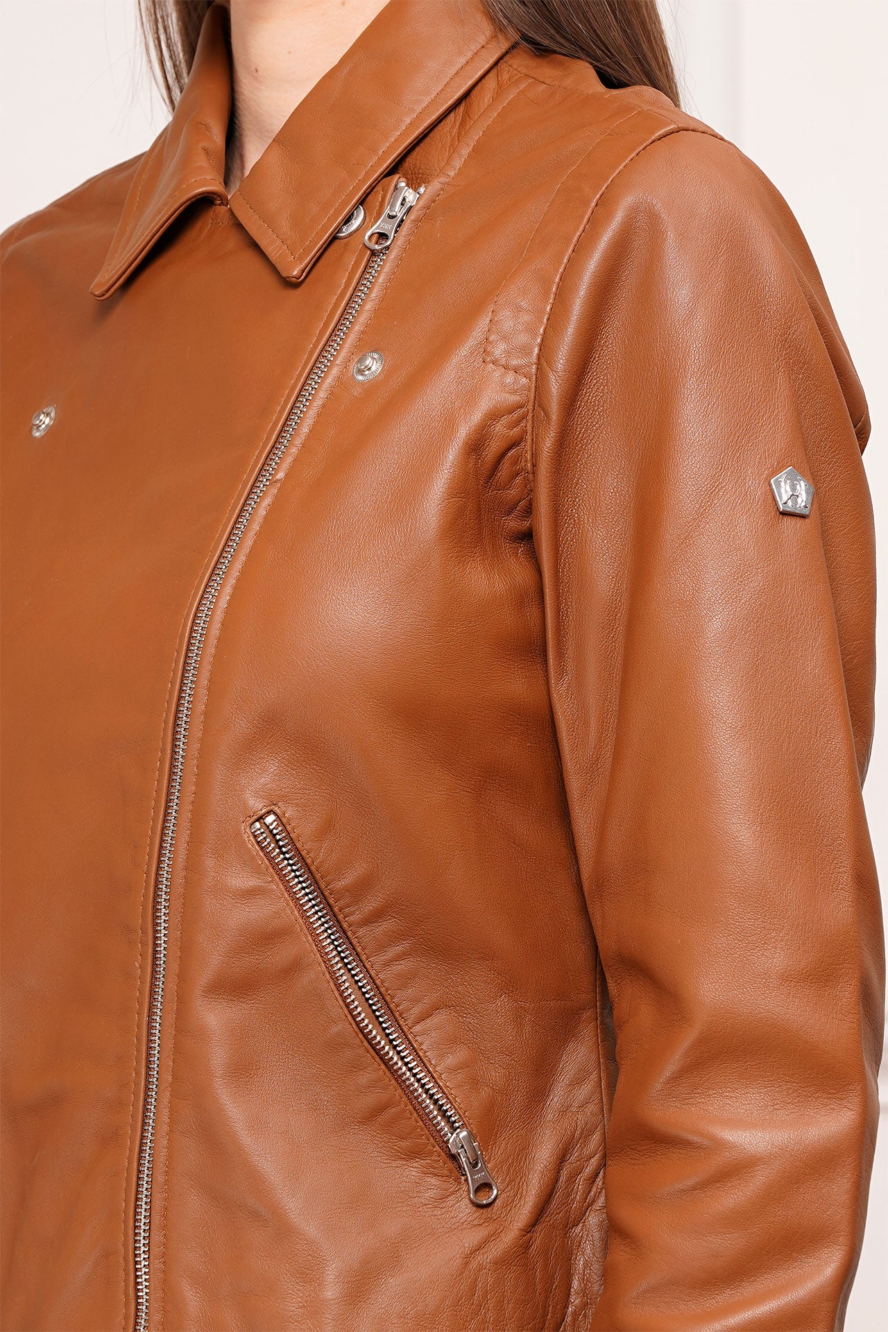 100% Washed Leather Biker Jacket: Cognac | WX71
