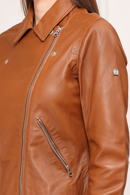 100% Washed Leather Biker Jacket: Cognac | WX71