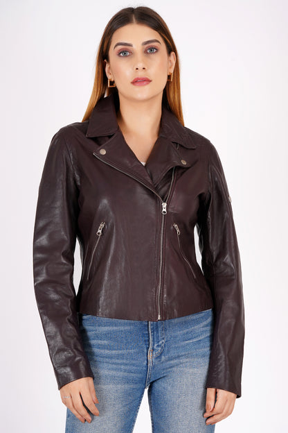 100% Washed Leather Biker Jacket: Burgundy | WX71
