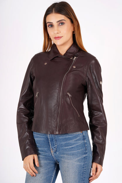 100% Washed Leather Biker Jacket: Burgundy | WX71