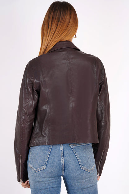 100% Washed Leather Biker Jacket: Burgundy | WX71