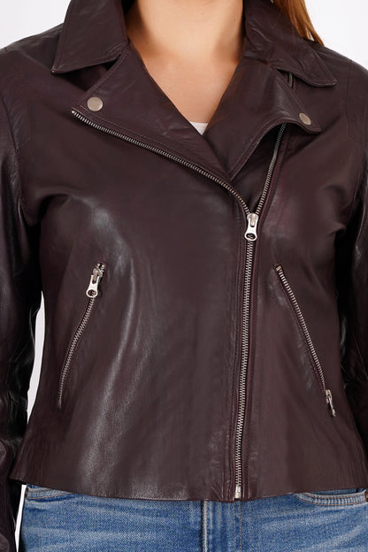 100% Washed Leather Biker Jacket: Burgundy | WX71