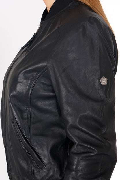 100% Washed Leather Rib Collar Bomber Jacket - WX 97