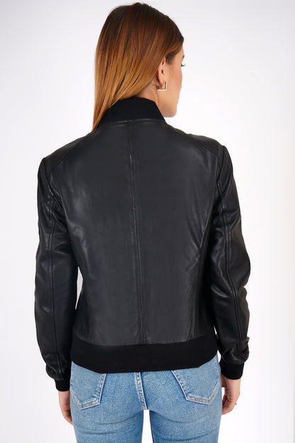 100% Washed Leather Rib Collar Bomber Jacket - WX 97