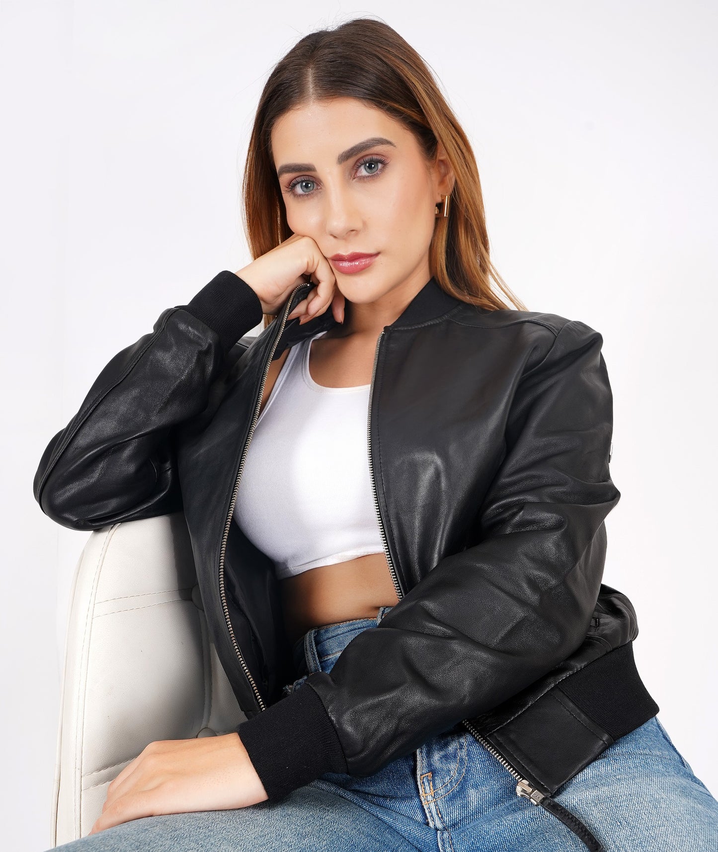 100% Washed Leather Rib Collar Bomber Jacket - WX 97