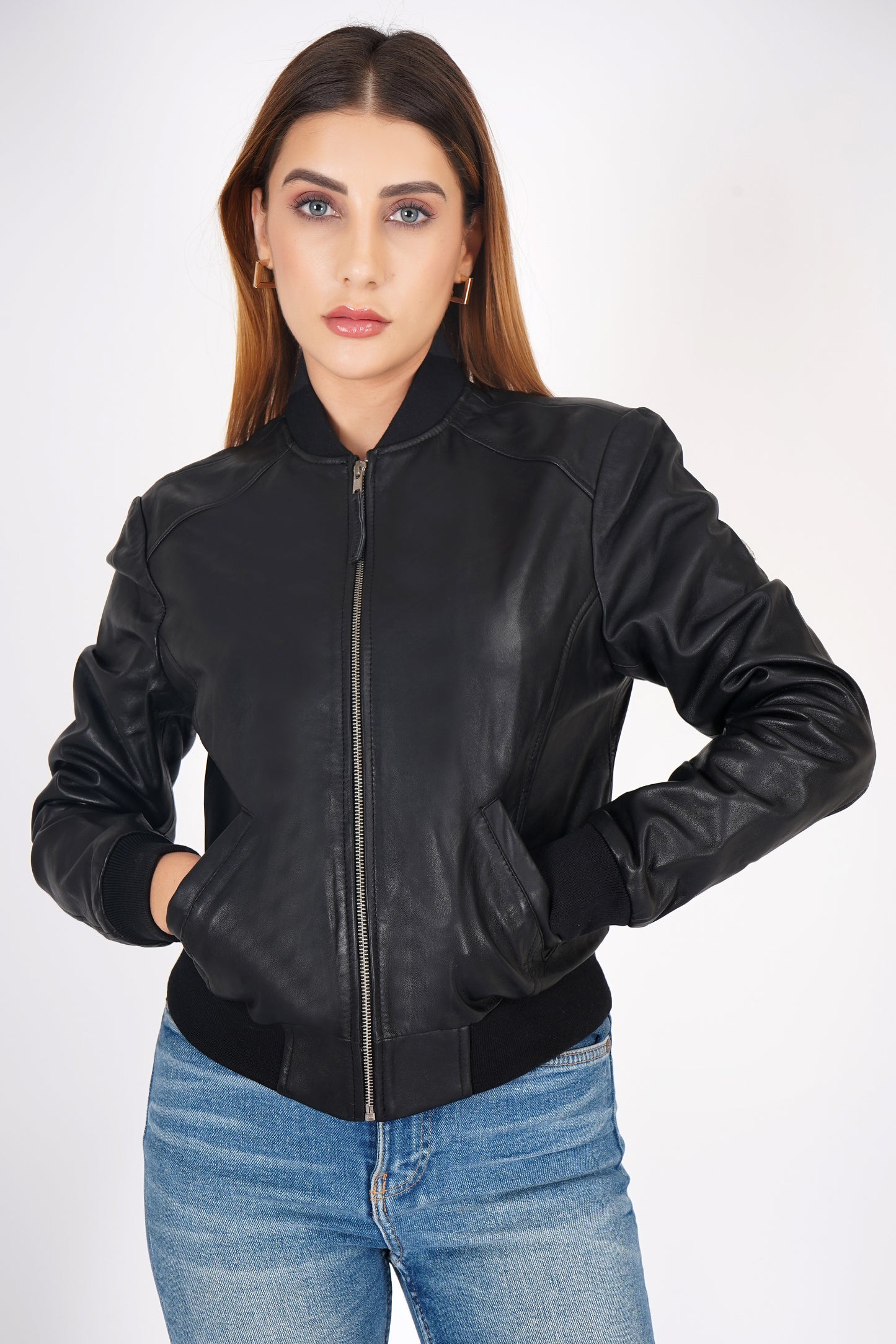 100% Washed Leather Rib Collar Bomber Jacket - WX 97