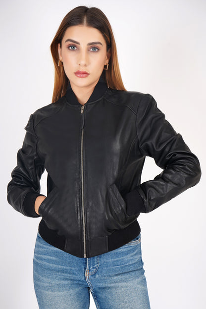 100% Washed Leather Rib Collar Bomber Jacket - WX 97