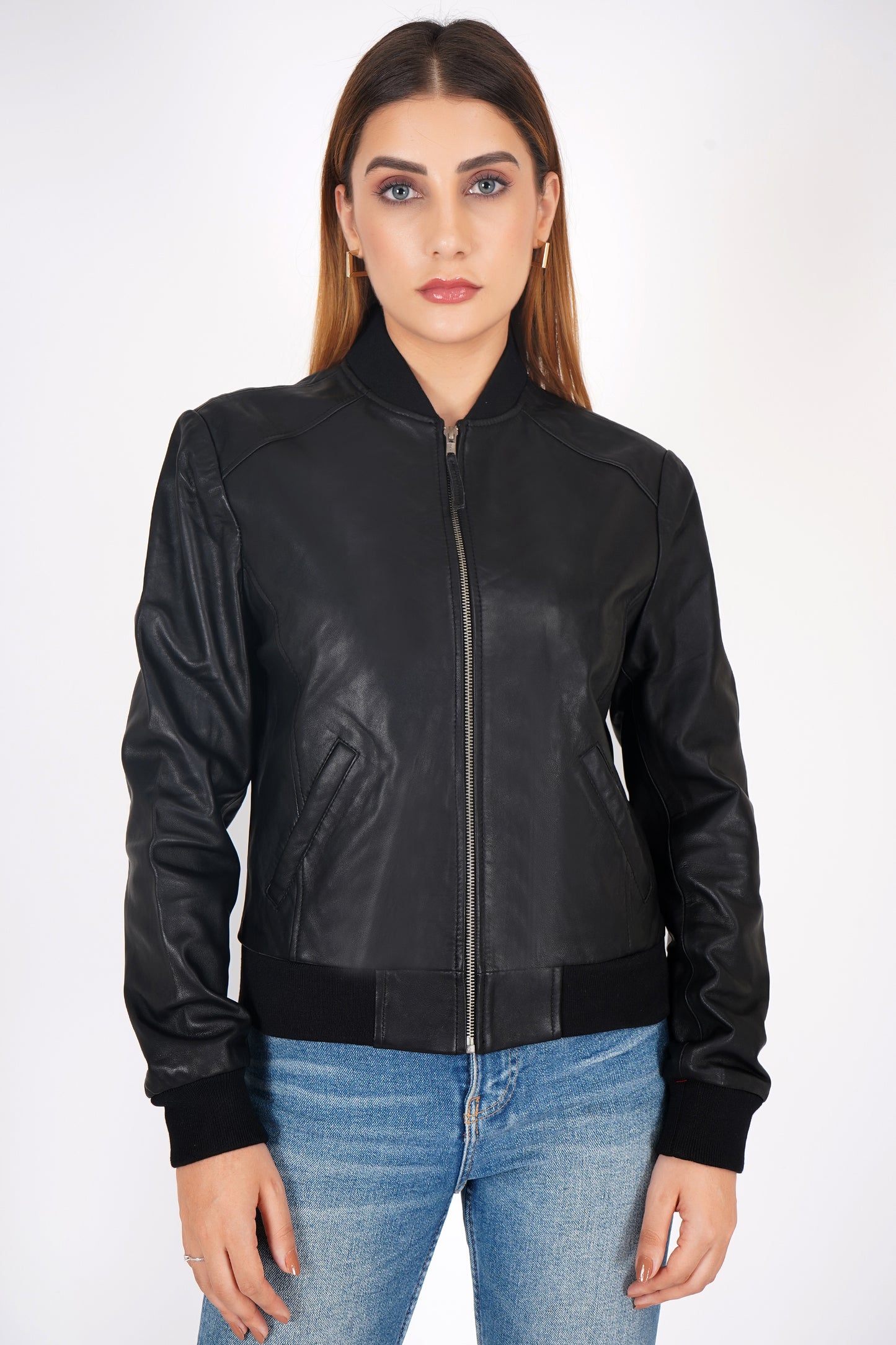 100% Washed Leather Rib Collar Bomber Jacket - WX 97