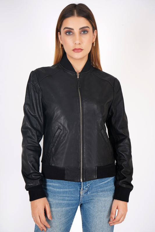 100% Washed Leather Rib Collar Bomber Jacket - WX 97