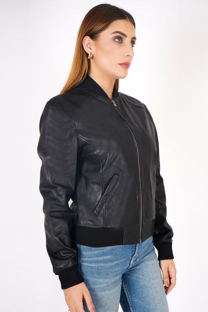 100% Washed Leather Rib Collar Bomber Jacket - WX 97