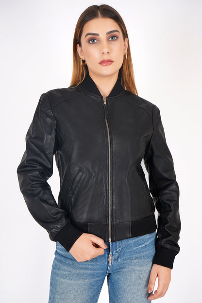 100% Washed Leather Rib Collar Bomber Jacket - WX 97