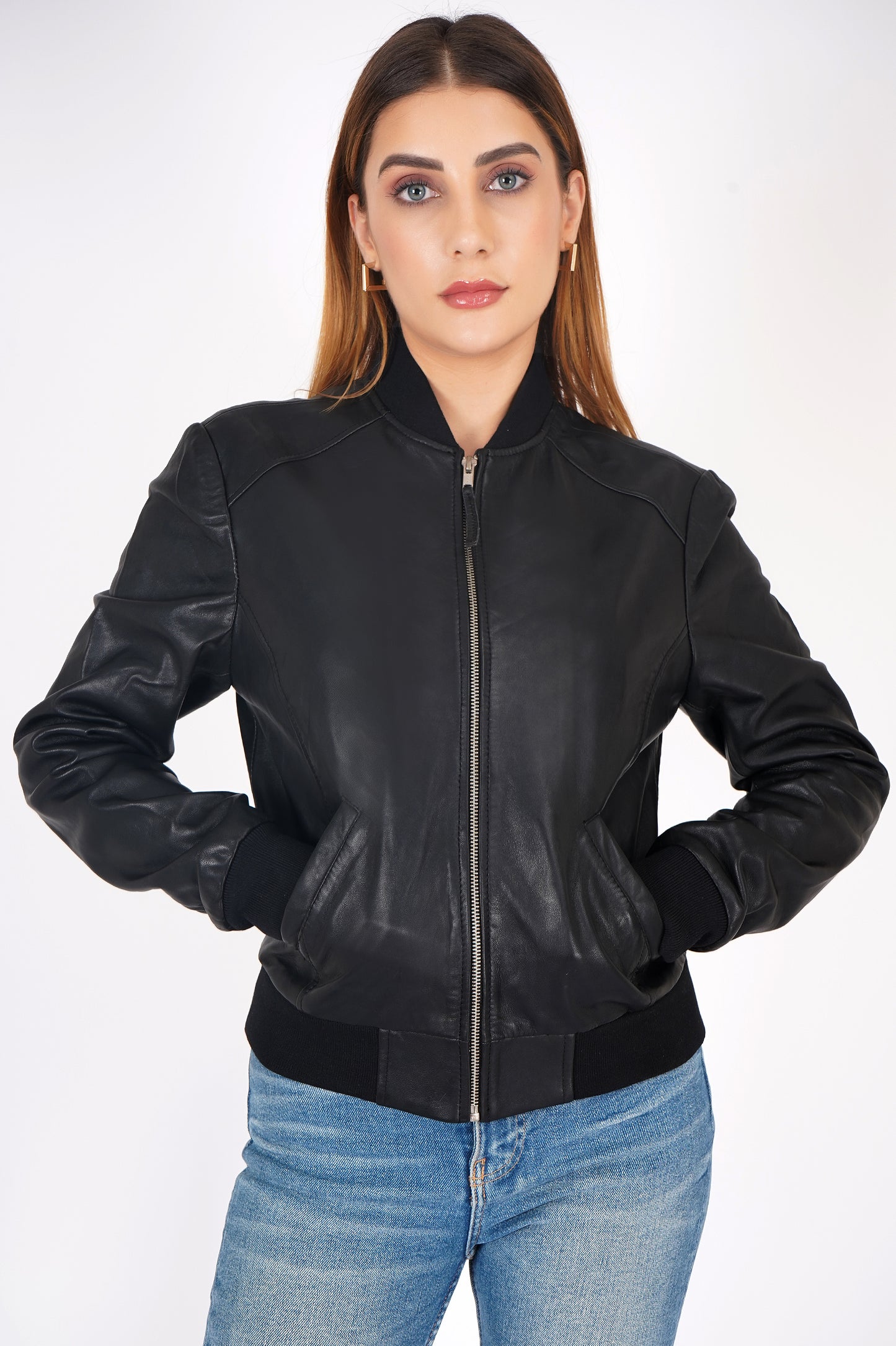 100% Washed Leather Rib Collar Bomber Jacket - WX 97