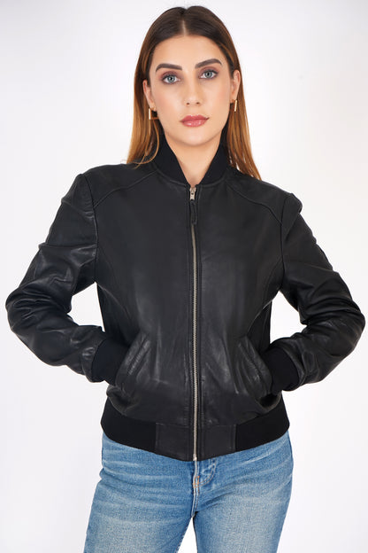 100% Washed Leather Rib Collar Bomber Jacket - WX 97