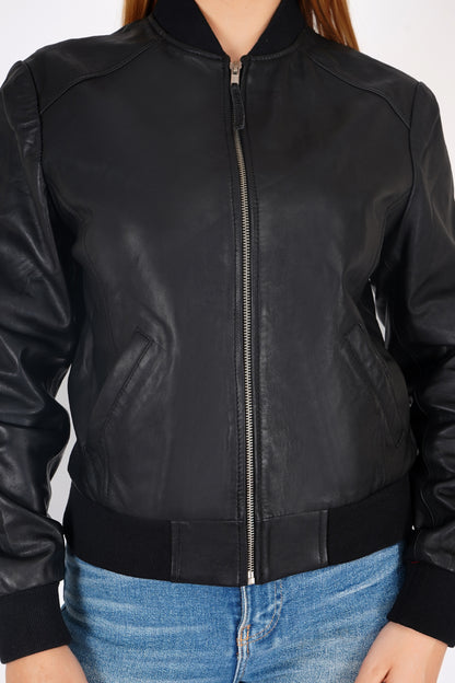100% Washed Leather Rib Collar Bomber Jacket - WX 97