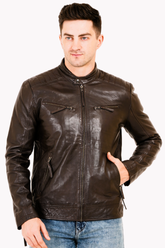 100% Heavy Washed Leather Snap Collar Jacket - Brown | MX19