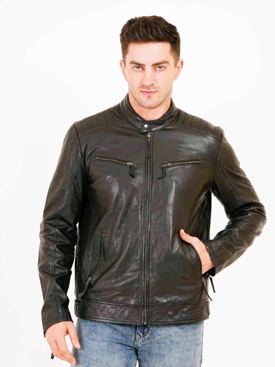 100% Heavy Washed Leather Snap Collar Jacket -| MX19 🔥 Hot Selling