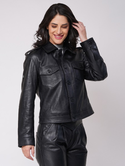 # TRUCKER WOMEN JACKET (WX 42)  :  100% NATURAL LAMB LEATHER