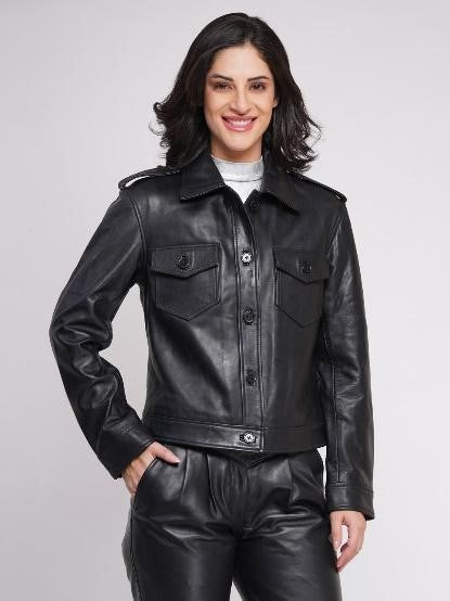 # TRUCKER WOMEN JACKET (WX 42)  :  100% NATURAL LAMB LEATHER