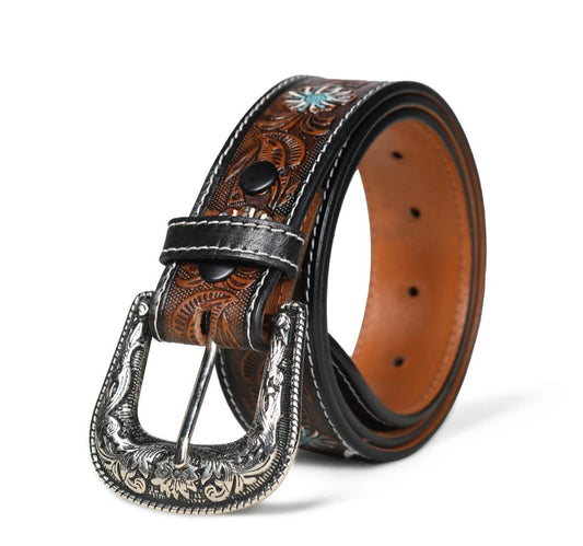 Vintage Embossed Leather Belt with Antique Metal Buckle