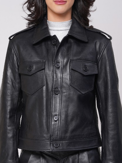 # TRUCKER WOMEN JACKET (WX 42)  :  100% NATURAL LAMB LEATHER