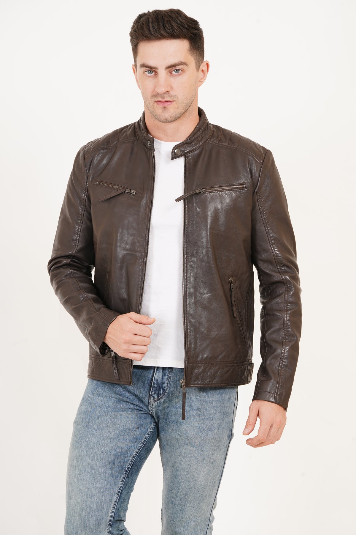 100% Heavy Washed Leather Snap Collar Jacket -| MX19 🔥 Hot Selling
