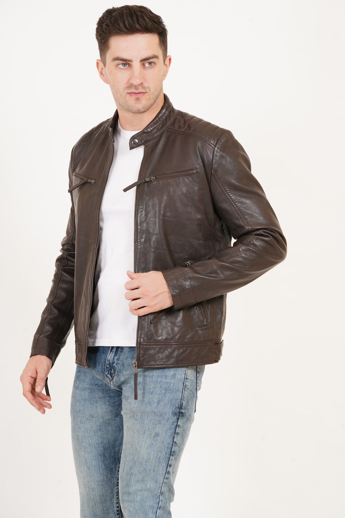 100% Heavy Washed Leather Snap Collar Jacket -| MX19 🔥 Hot Selling