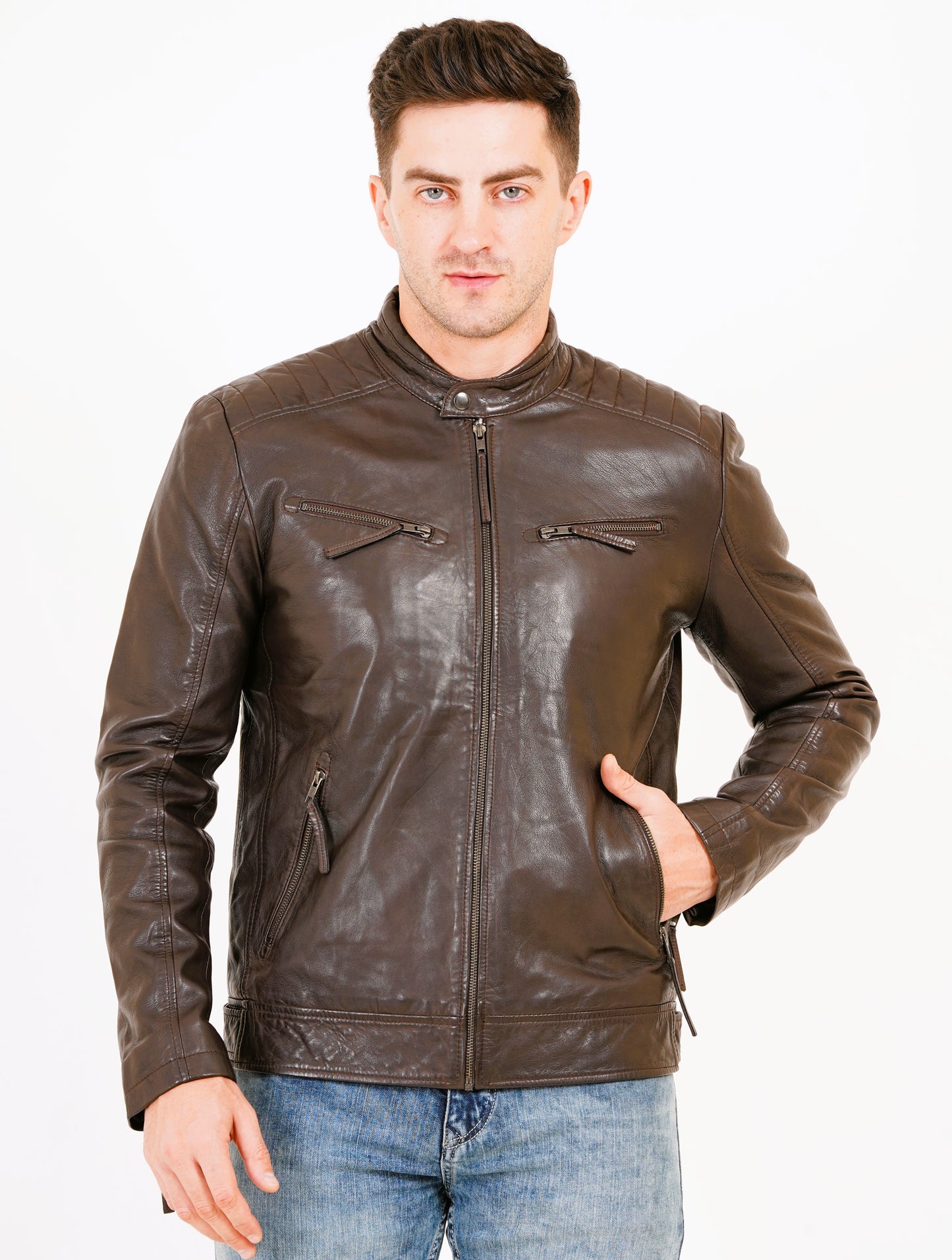 100% Heavy Washed Leather Snap Collar Jacket - Brown | MX19