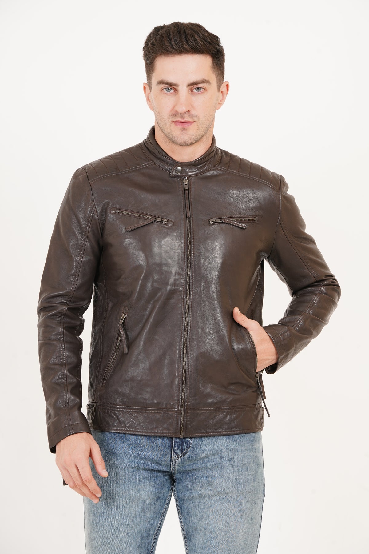 100% Heavy Washed Leather Snap Collar Jacket -| MX19 🔥 Hot Selling